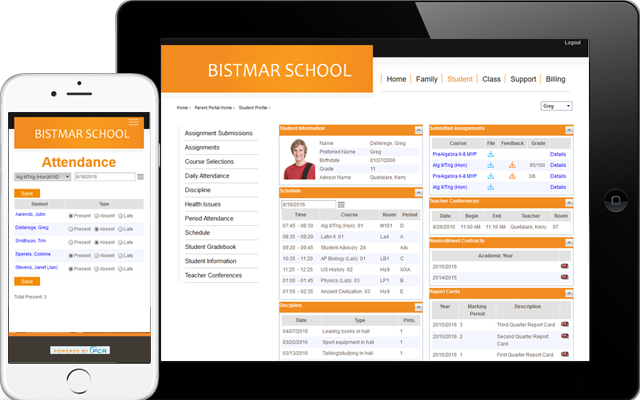 Online teacher, student, parent portals with gradebook, report cards, scheduling, attendance